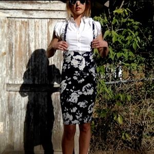 Navy & White Floral Pencil Skirt w/ Button Straps